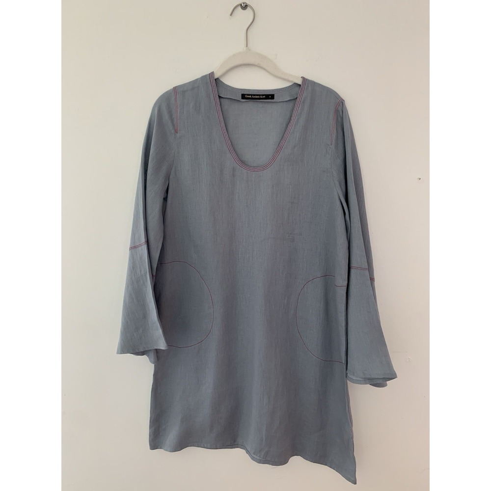 Greek Archaic Kori Blue Mini Dress 100% Linen S Bell Sleeve Greek Goddess Luxe